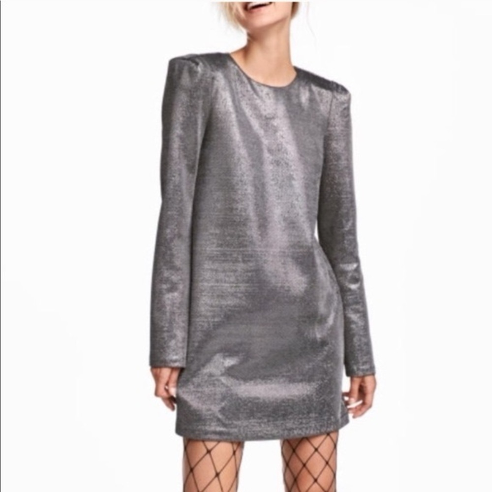 H&M Elegant Black/Silver-Colored Metallic Long Sleeve Lined Mini Dress
